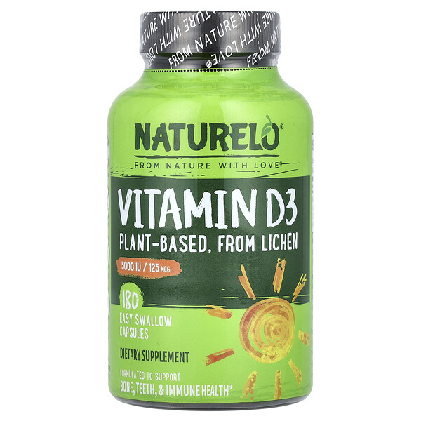 Витамин D3, растительный, из лишайника - 125 мкг (5000 МЕ) - 180 легко глотаемых капсул - NATURELO NATURELO