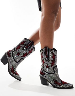 Azalea Wang Kaitland embellished western ankle boots in silver AZALEA WANG