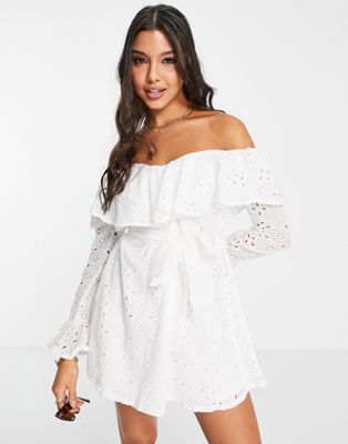 In The Style x Billie Faiers lace embroidered off shoulder mini skater dress in white In The Style