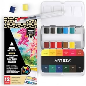 ARTEZA Watercolor Paint, Set of 12 Assorted Vibrant Colors in Half Pans, Tin Box with Water Brush Pen for Artists, and Beginners ARTEZA