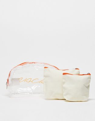 Сделано в. Три упаковки косметичек для отпуска прозрачного и оранжевого цветов. Madein.