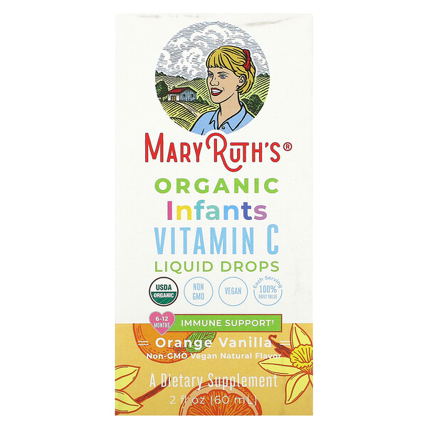 Жидкие капли с витамином С для младенцев, 0–12 месяцев, апельсин + ваниль, 2 жидких унции (60 мл) MaryRuth Organics