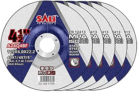 SALI 5 Pack 4-1/2 Inch Grinding Wheels for General Purpose Metal & Stainless Steel, Aluminum Oxide Grinding Disc for Angle Grinder, Depressed Center 4.5" * 1/4" * 7/8"(115 * 6.0 * 22.2 mm) Sali