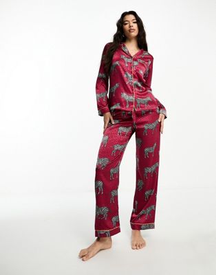 Бордовый атласный пижамный комплект на пуговицах с принтом зебры Chelsea Peers Chelsea Peers