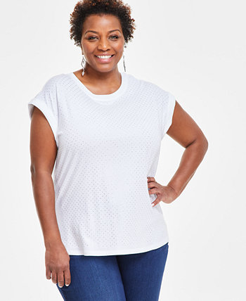 Plus Size Rhinestone Rolled-Sleeve Top, Created for Macy's I.N.C. International Concepts