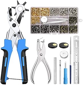 Kamtop Leather Hole Punch Set - 240 Pcs Leather Double Cap Rivets with Heavy Duty Punch Plier and Belt Hole Puncher, Revolving Leather Rivets Tool Kit for Leather, Belt, Shoes, Fabric Kamtop