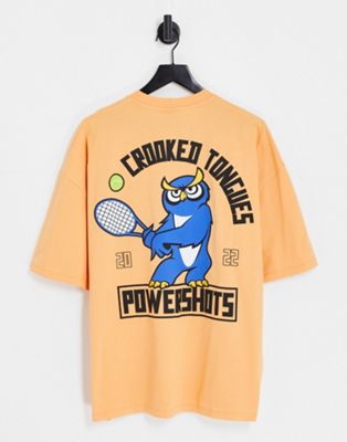 Crooked Tongues oversized T-shirt with varsity tennis owl back graphic print in orange Crooked Tongues