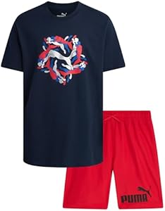 PUMA Boys' Swim Set - Bathing Suit Swim Trunks with Matching Basic Short Sleeve T-Shirt - Swimwear Set for Big Boys (8-20), Size 8, Red/Denim Puma