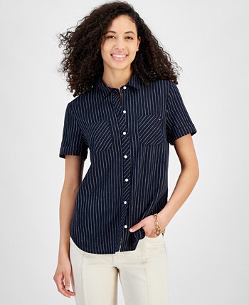 Women's Striped Linen-Blend Short-Sleeve Button-Front Shirt Tommy Hilfiger