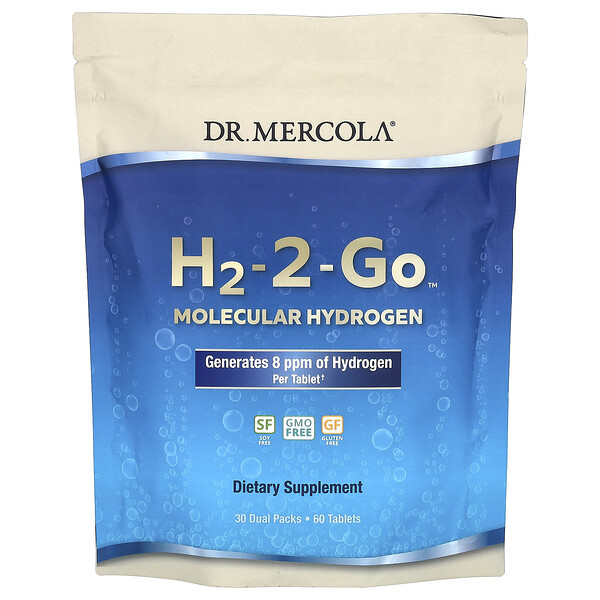 H2-2-Go, Молекулярный водород, 30 двойных упаковок, 60 таблеток Dr. Mercola