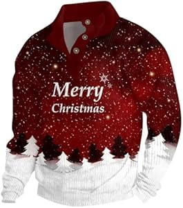 Mens Ugly Christmas Sweatshirt 2024 Corduroy Casual Graphic Long Sleeve Button Vintage Pullover Stand Collar Sweater Generic