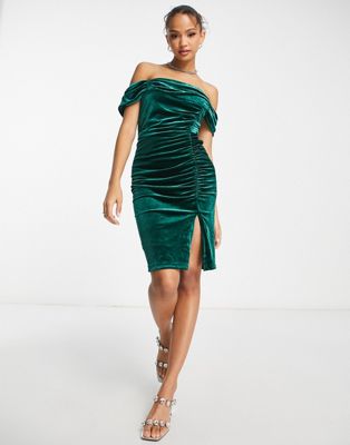 Изумрудно-зеленое бархатное платье мини со сборками Style Cheat Style Cheat