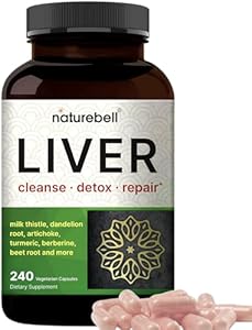 Liver Cleanse Detox & Repair Supplement, 240 Veggie Capsules|15-in-1 Complex with Milk Thistle 500mg, Dandelion Root 200mg, Artichoke 200mg, Black Currant Oil, Turmeric, Chicory, Zinc, Choline & More NatureBell