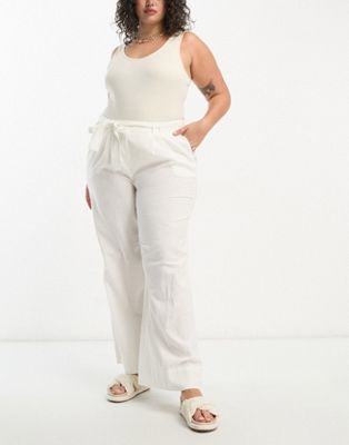 Белые льняные широкие брюки с завязками на талии Vila Curve Vila