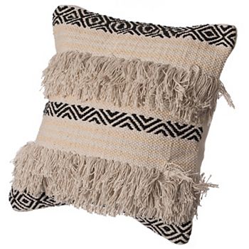 Handwoven Cotton Throw Pillow Cover with Boho Design and Fringed Lines Deerlux