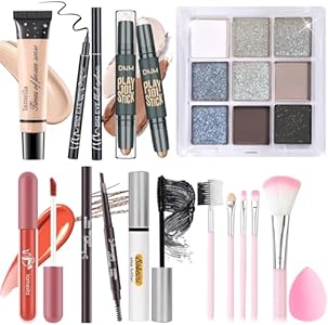 Makeup Set Kit for Women Girls Teens, Makeup Present Set, Includes 9 Color Eyeshadow, Counter Stick, Foundation, Eyebrow Pencil, Eyeliner, Mascara, Lip Gloss, 5Pcs Brushes, Sponge YBUETE