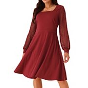 Women's Long Sleeve Swiss Dots Square Neck Knee Length Casual Dress With Pockets Seta T