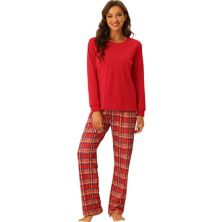 Christmas Loungewear Long Sleeve Solid Tops Tee With Plaid Pants Pajama Sets Cheibear