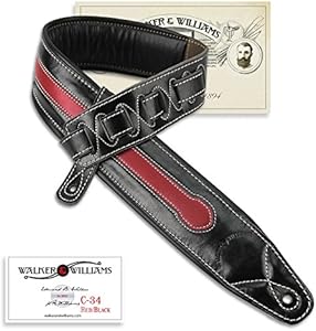 Walker & Williams C-34 Handmade Red and Black Premium Signature Grain Leather Padded Strap 3 1/4" Wide For Acoustic, Electric, And Bass Guitars Walker & Williams