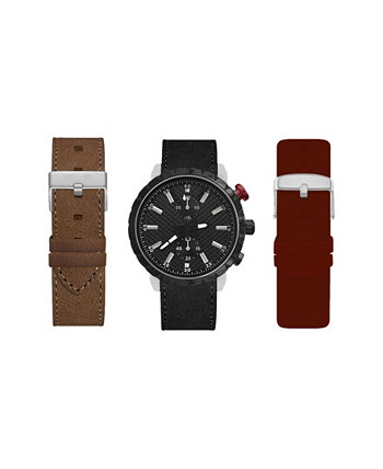 Мужские аналоговые часы с черным ремешком 45 мм со сменными ремешками бордового, коричневого и черного цветов American Exchange