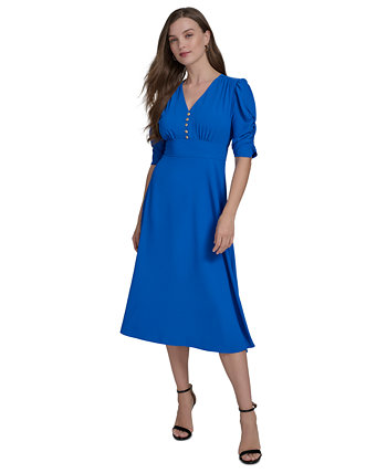 Women's V-Neck Shirred-Sleeve Flared Dress Halston