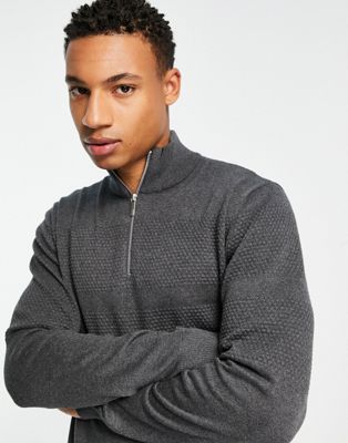 Серый вязаный свитер с фактурной полоской и полумолнией Selected Homme Selected
