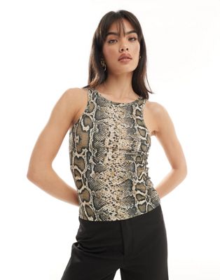 Pieces racer neck tank top in snake print Pieces