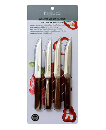 Набор ножей для стейка из 4 предметов с полным лезвием и ручкой из орехового дерева New England Cutlery