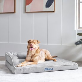 Frisco Faux Linen Corner Personalized Bolster Dog Bed w/Removable Cover, Harbour Blue, XL Frisco