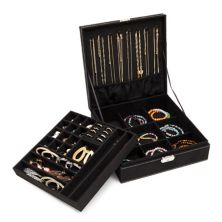Black Jewelry Box with Lock, Two-Layer Travel Display Case and Storage Organizer with Removable Tray (10.5 x 10.5 In) Juvale