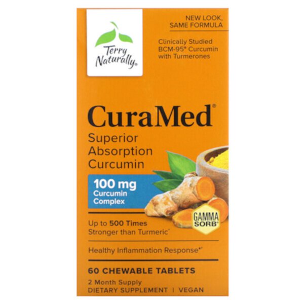 CuraMed, Куркумин с превосходной усвояемостью, 100 мг, 60 жевательных таблеток Terry Naturally