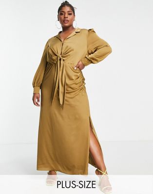 Ever New Curve tie front ruched shirt midi dress in olive Ever New Curve