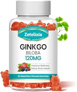 Ginkgo Biloba Gummies (Жевательные конфеты) 120 mg for Women and Men, Brain Supplement Improve Better Mood and Focus, Vegan Mixed Berry Flavor 60 Count Zetelixia