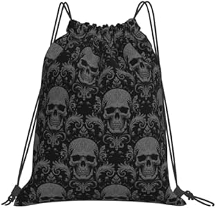 Drawstring Bag for Men & Women With Gothic Skull Black Pattern, Waterproof String Bag for Gym Sports And Traveling, White1 AUTCKNGF