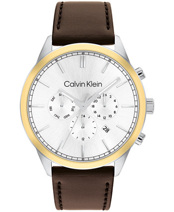 Мужские многофункциональные часы с коричневым кожаным ремешком, 44 мм Calvin Klein