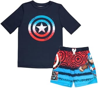 Marvel Boys Avengers Spiderman Black Panther Captain America Miles Morales 2-Piece Swimsuit Set, Rash Guard & Swim Trunks Marvel