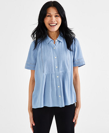 Women's Pintuck Short-Sleeve Button-Front Shirt, Created for Macy's Style & Co