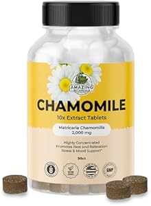 Organic Chamomile Extract Tablets (Таблетки) - Matricaria Chamomilla Plant-Based Supplement - 10x Extract 2000 MG Each - Promotes Relaxation - 30 Tablets Amazing Botanicals