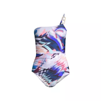 Kara Abstract-Print One-Shoulder Swimsuit Change of Scenery