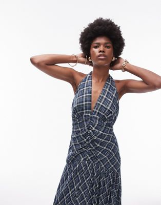 Topshop halterneck ruched front textured maxi dress in blue check TOPSHOP