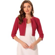 3/4 Sleeve Shrug Top For Women Collarless Pleated Open Front Cropped Cardigan ALLEGRA K