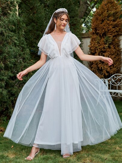 SHEIN с рукавами-бабочками сетчатый Свадебное платье без Фата SHEIN