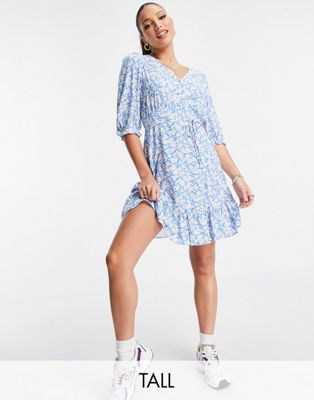 New Look Tall floral v neck button mini dress in blue pattern New Look Tall