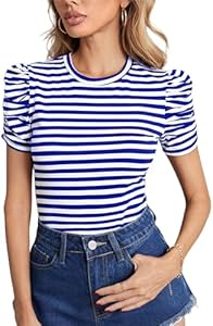 LilyCoco Womens Striped Puff Sleeve T Shirt Breton Crewneck Shirt Loose Fit Tee LilyCoco