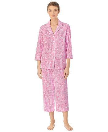 Пижамный комплект Capri Pant из хлопка с вырезом на воротнике и рукавами 3/4 LAUREN Ralph Lauren