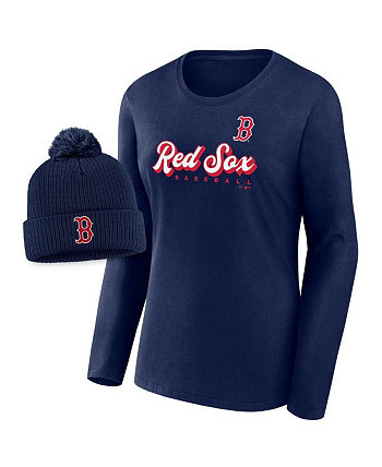 Женская темно-синяя футболка Boston Red Sox Run The Bases с длинными рукавами и вязаная шапка с манжетами и комбинированным комплектом с помпоном Fanatics