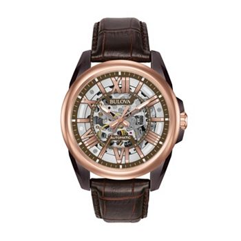 Bulova Men's Leather Automatic Skeleton Watch - 98A165 Bulova