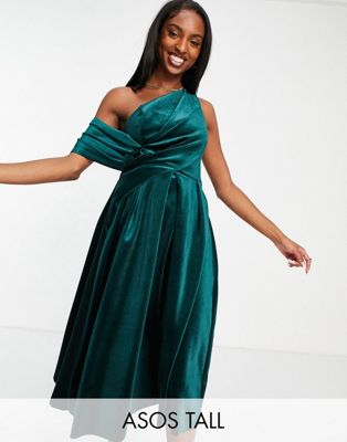 Зеленое бархатное платье миди для выпускного с открытыми плечами ASOS DESIGN Tall ASOS Tall