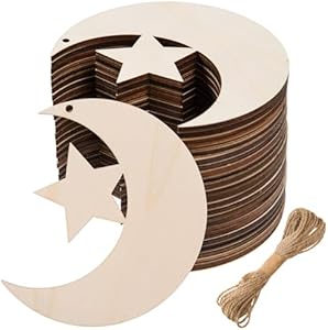 AWIZOM 48 Pcs Wooden Moon Star Cutouts Unfinished Wooden Moon Star Shape Ornaments Blank Wooden Moon Star Slices with 32.8 Ft Twine for DIY Craft Tags Wedding Birthday Baby Shower Hanging Decor,3.94" AWIZOM