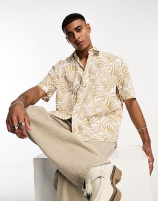 Белая льняная рубашка с короткими рукавами и пальмовым принтом Selected Homme Selected